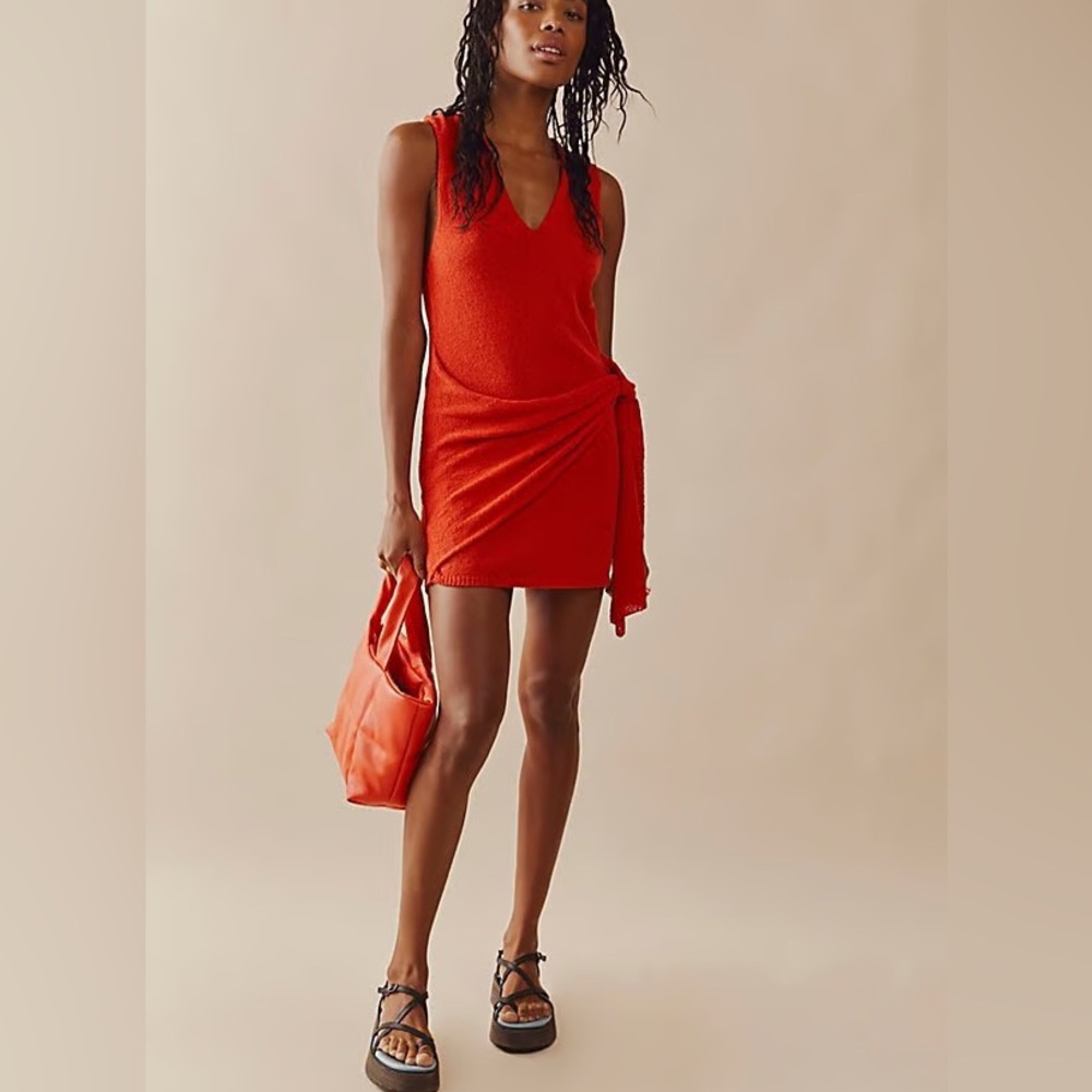 Free People Beach red poppy wrap sweater textured dress